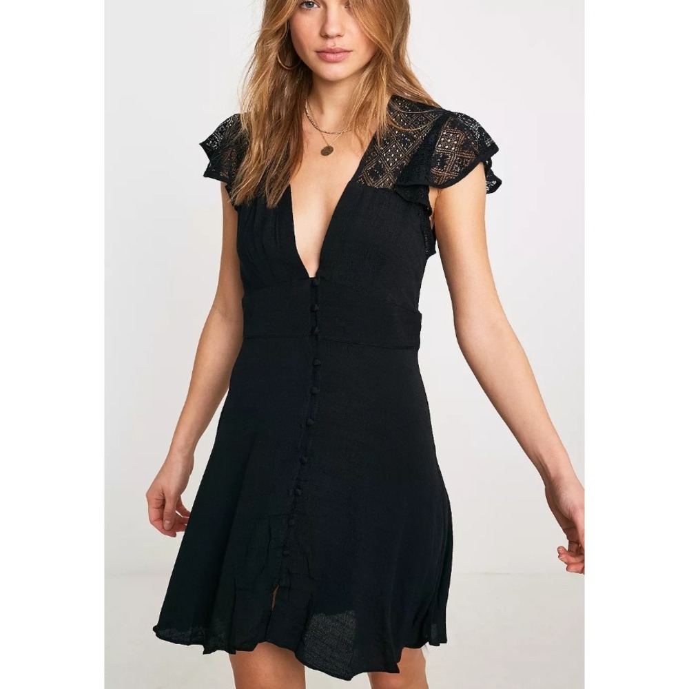 Free People‎ Intimately Mini Dress Womens Small Black Lace Button Front Boho